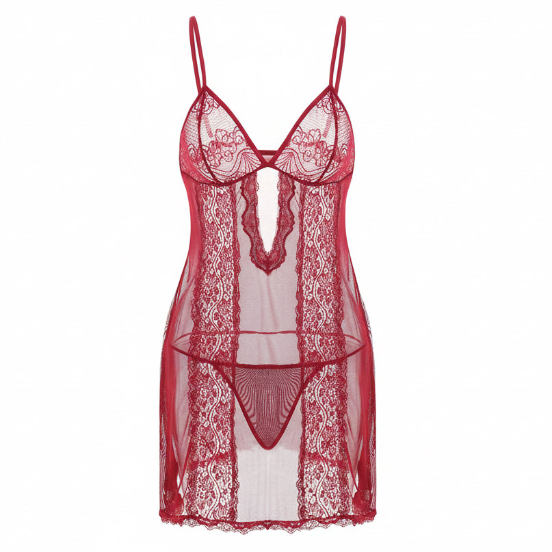 Red lace lingerie set on a white background