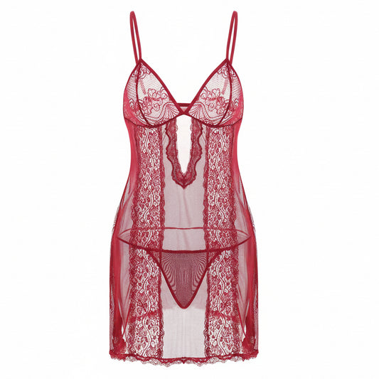 Red lace lingerie set on a white background